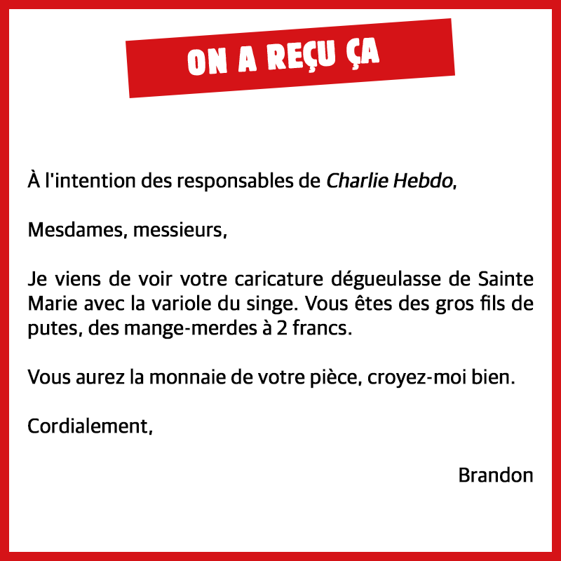 Charlie_Hebdo_'s tweet photo. Nous tenons à rassurer tous nos amis catholiques : il est possible d'attraper la variole du singe en restant vierge https://t.co/QR86K40lTD