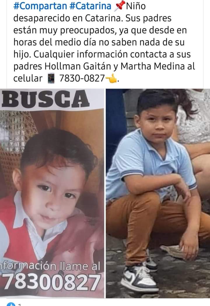 somosderechanic's tweet image. Este niño está desaparecido, es de Catarina, su nombre es Hollman Ariel de 7 años, por favor avisar a sus padres si lo han visto al celular 84757599.
#MASAYA