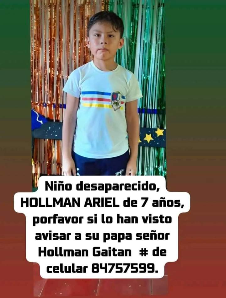 somosderechanic's tweet image. Este niño está desaparecido, es de Catarina, su nombre es Hollman Ariel de 7 años, por favor avisar a sus padres si lo han visto al celular 84757599.
#MASAYA