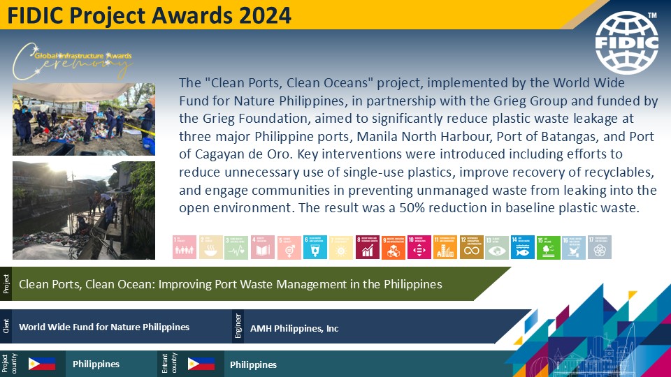 ♻️ Philippines ♻️
Congratulations to the Clean Ports, Clean Ocean project for its recognition at the FIDIC Project Awards 2024! Reducing plastic waste in Philippine ports, this initiative is a major win for our oceans. 🌊♻️
#FIDICAwards #Philippines #CleanOceans #FIDICGIC24