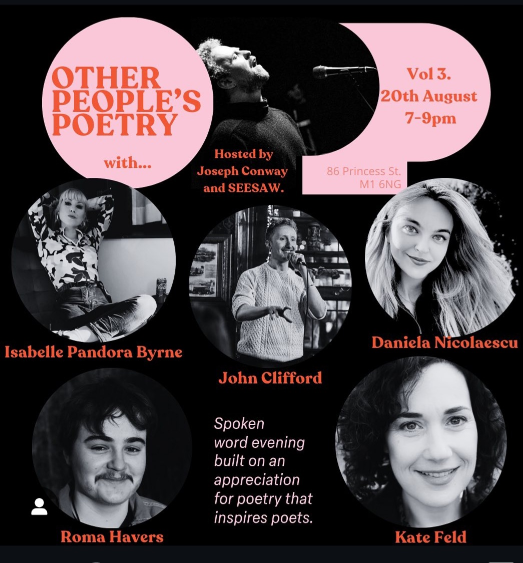 Excited to read some of my fave poems and hear other people's at this cool new-ish night in Mcr tomorrow. Come geek out with us🧡