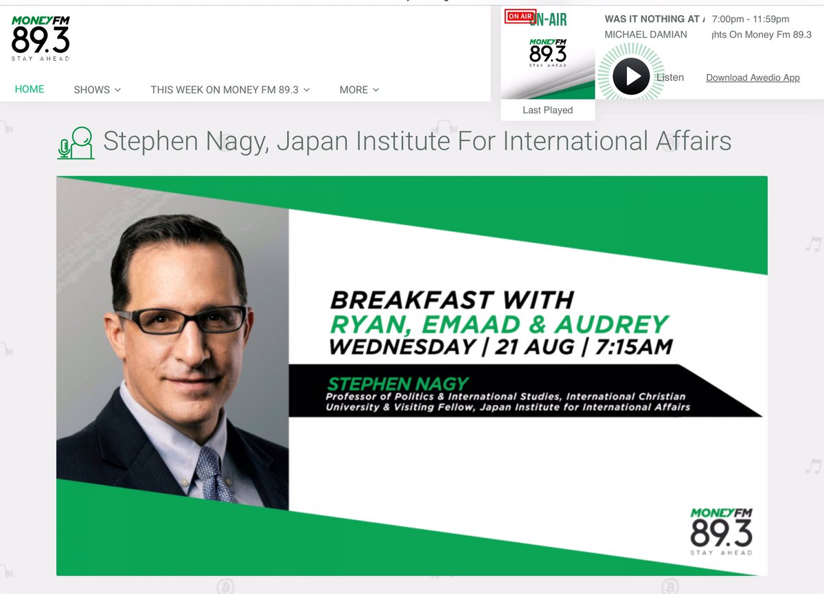 Join us 8/21 at 8:15 JST to talk about #japan #politics #ldp #election #kishida #china 
moneyfm893.sg/guest/stephen-… <a href="/JIIA_eng/">The Japan Institute of International Affairs: JIIA</a> <a href="/MLInstitute/">Macdonald-Laurier Institute</a> <a href="/MCC_Budapest/">Mathias Corvinus Collegium</a> <a href="/CAGlobalAffairs/">Canadian Global Affairs Institute</a> <a href="/AsiaPacificFdn/">APF Canada</a> <a href="/east_asia_forum/">East Asia Forum</a> <a href="/APInitiative_en/">Asia Pacific Initiative_en</a> <a href="/ycapsjapan/">YCAPS</a> <a href="/EASCentre/">East Asia Security Centre</a> <a href="/ISDP_Sweden/">ISDP</a> <a href="/RIPS_admin/">平和・安全保障研究所-RIPS</a> <a href="/jppjagannath1/">Jagannath Panda, 潘杰根 | Ph.D.</a>