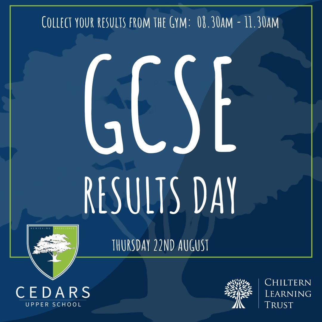 Cedars Upper School (@cedars_upper) on Twitter photo Thursday is GCSE Results Day!
You can collect your results from the Gym from 08.30am-11.30am.
Senior leaders will be on hand to assist you with any questions you may have & give more advice as needed. Good luck everyone! cedarsupper.org.uk/Key-Stage-4-Re…
<a href="/ChilternLT/">Chiltern Learning Trust</a> Thursday is GCSE Results Day!
You can collect your results from the Gym from 08.30am-11.30am.
Senior leaders will be on hand to assist you with any questions you may have & give more advice as needed. Good luck everyone! cedarsupper.org.uk/Key-Stage-4-Re…
<a href="/ChilternLT/">Chiltern Learning Trust</a>
