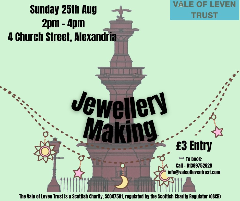 Join us for Jewellery making this Sunday, 25th August!
Entry is £2 for members, £3 for non-members.  Enjoy beads, gems, jewels, some company and a good gab!

Book a place by contacting us on 01389 752 629, emailing us at info@valeofleventrust.com or popping in to see us.