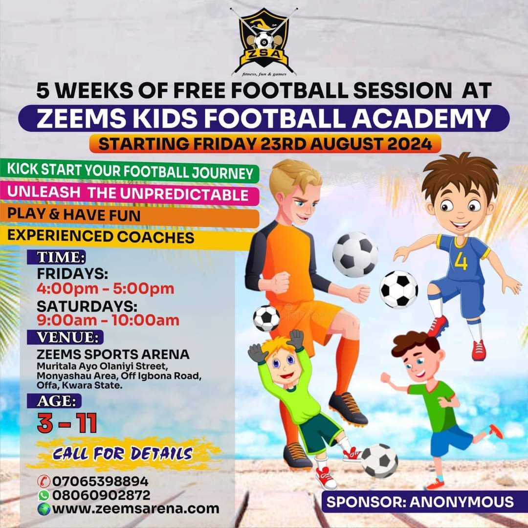 MuftauAdewale3's tweet image. 5 WEEKS OF FREE FOOTBALL SESSION FOR KIDS

10 free sessions (1hr) for kids between 3-11yrs @zeemsarena Offa. This an opportunity for kids to enjoy their summer holiday 

Starting this Friday 23rd August 2024 by 4pm #CatchThemYoung #OffaTuntun #VisitOffa