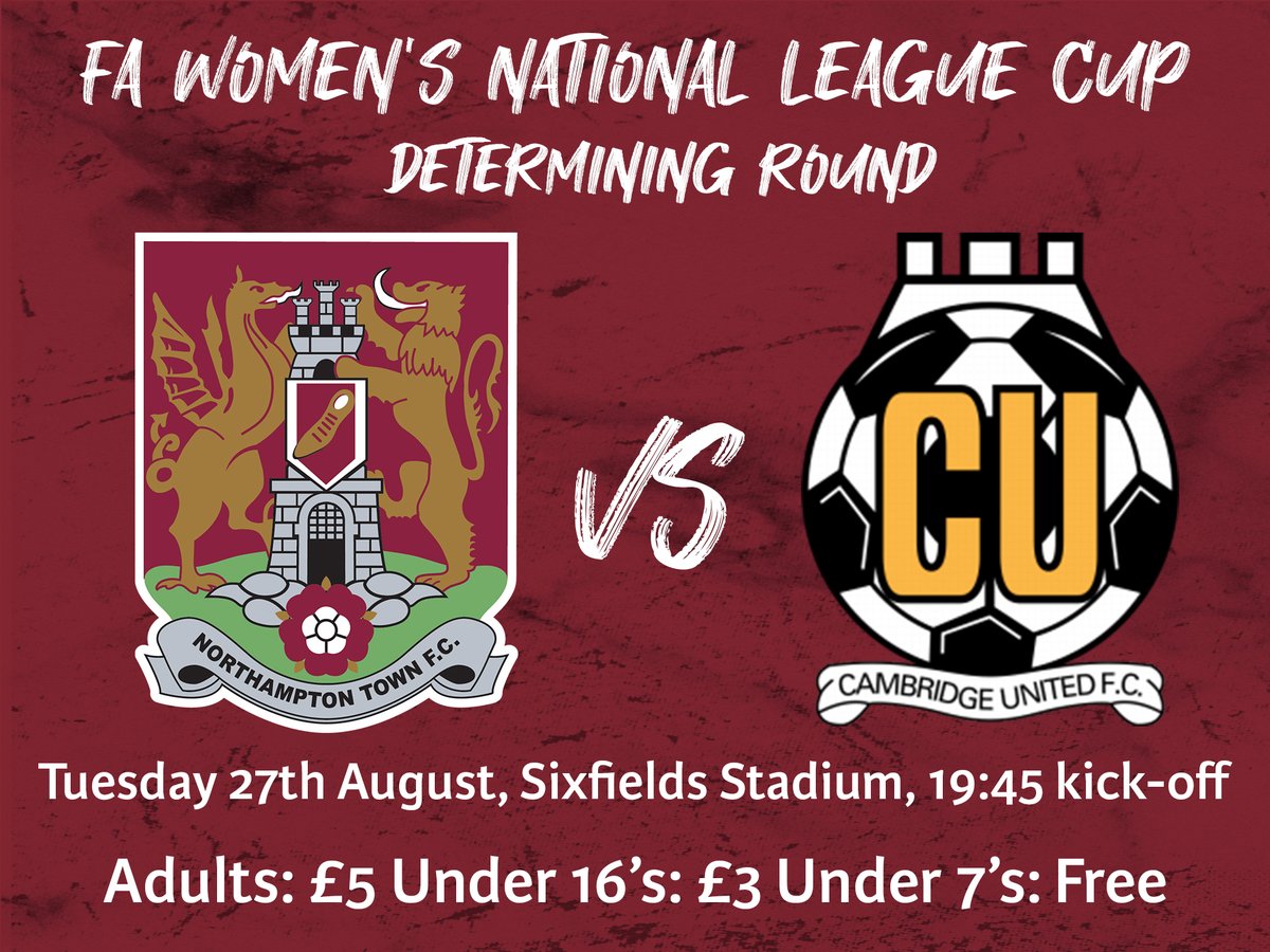 Northampton Town Women (@ntfcwomen) on Twitter photo 🤩There's only 𝐨𝐧𝐞 𝐰𝐞𝐞𝐤 until we return to Sixfields!
Tickets for our <a href="/FAWNL/">FA Women's National League</a> Cup Determining Round game against Camrbidge United on Tuesday 27th August are now on sale via ntfcdirect.co.uk.
Season tickets are not valid for this fixture.
#NTFCW | #ShoeArmy 🤩There's only 𝐨𝐧𝐞 𝐰𝐞𝐞𝐤 until we return to Sixfields!
Tickets for our <a href="/FAWNL/">FA Women's National League</a> Cup Determining Round game against Camrbidge United on Tuesday 27th August are now on sale via ntfcdirect.co.uk.
Season tickets are not valid for this fixture.
#NTFCW | #ShoeArmy