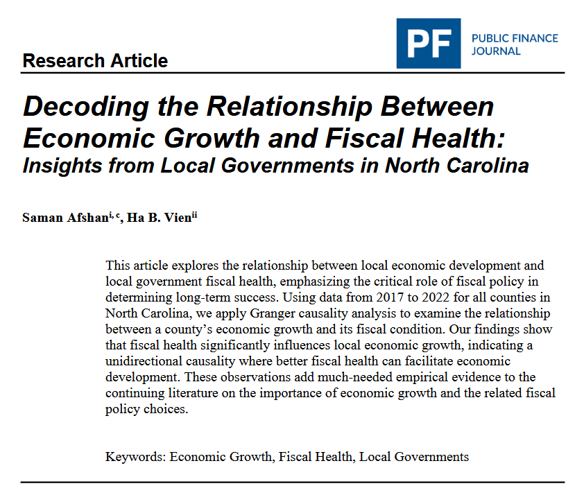 "Decoding the Relationship Between Economic Growth and Fiscal Health: Insights from Local Governments in North Carolina" by <a href="/SamanAfshan/">Saman Afshan</a> &amp; <a href="/havienncsu/">Ha B. Vien</a> shows that strong fiscal health significantly predicts economic growth, but not vice versa. doi.org/10.59469/pfj.2… <a href="/NCStateSPIA/">NCStateSPIA</a>
