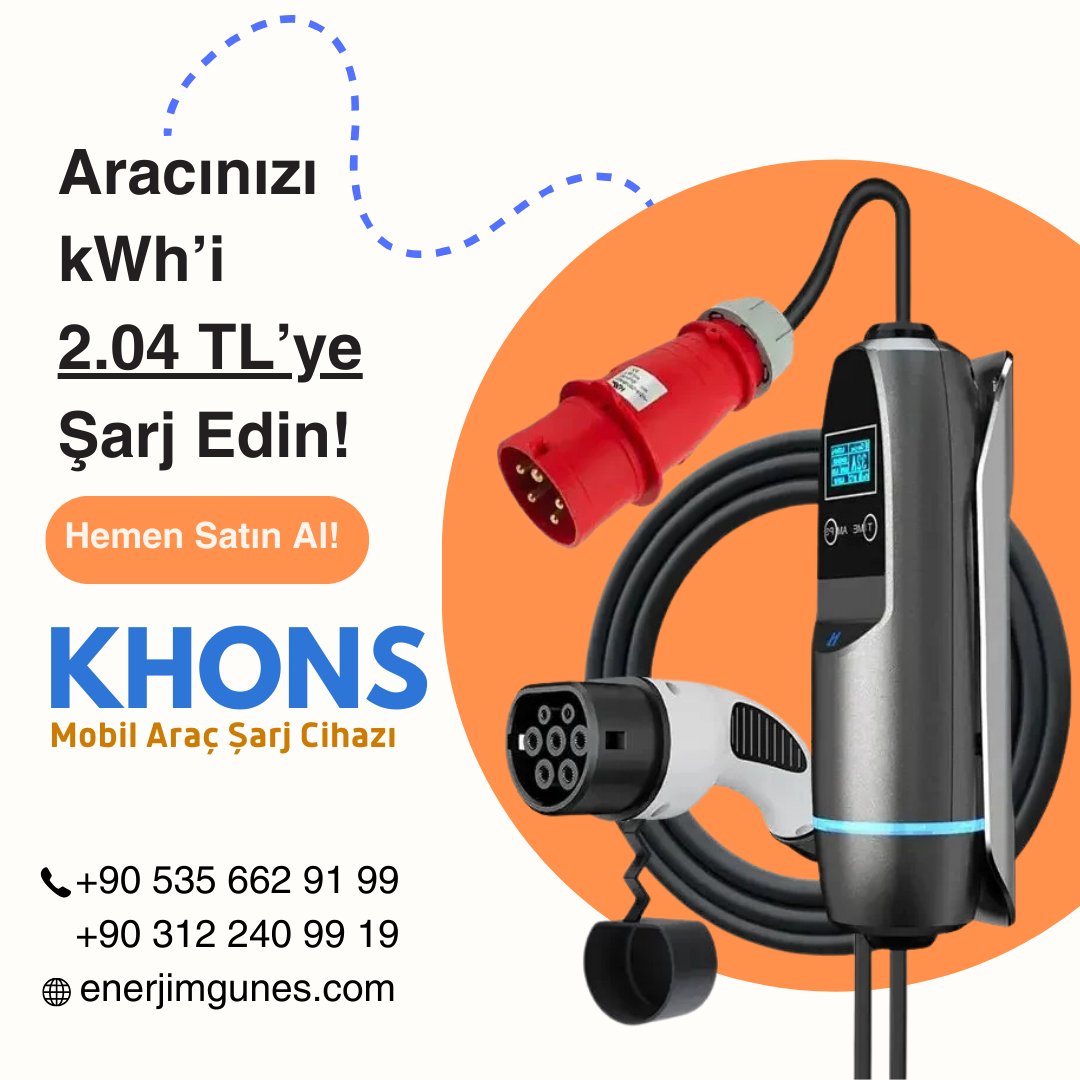 Aracınızı kWh'i 2.04 TL'ye Şarj Edin!
KHONS Mobil Şarj Cihazı'nı Hemen Satın Al!

İletişim: +90 535 662 91 99
+90 312 240 99 19
enerjimgunes.com
.
.
.
.
.
#KhonsMobilŞarj #EVŞarjCihazı #ElektrikliAraç #UcuzŞarj #KHONS #MobilŞarjCihazı #ElektrikliUlaşım #ŞarjCihazı #KhonsTr