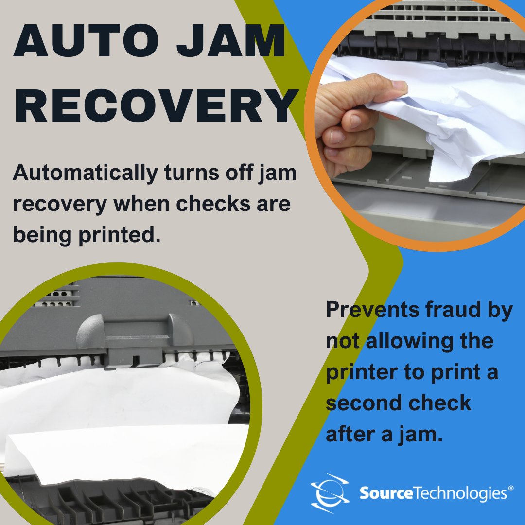 SourceTechnolo4's tweet image. To prevent the printing of multiple copies of a check, Source Technologies&apos; MICR printers come equipped with an &quot;Auto Jam Recovery Disable&quot;feature.Our feature automatically disables jam recovery when checks are being printed, ensuring that only one copy of each check is produced.