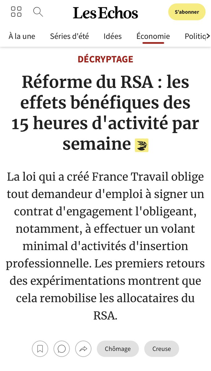 Lycrem3's tweet image. ➡️Vous vous souvenez de la réforme du RSA qui obligeait aux bénéficiaires de recourir à 15h d’activité par semaine que le NFP ne souhaitait pas ? Eh bien c’est une réussite absolue et les premiers effets sont positifs pour l’insertion.✅

Cc @priscathevenot 😉