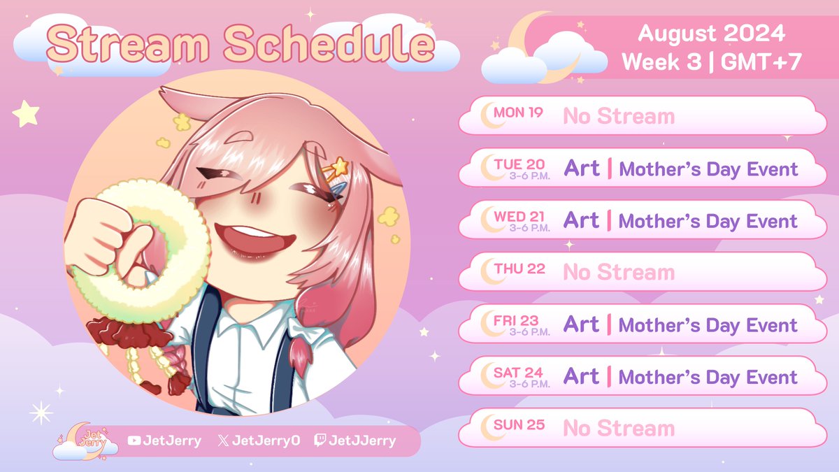 JetJerry0's tweet image. ตารางสตรีม สัปดาห์ที่ 19 - 25 ส.ค. 2567 ค่ะ
กิจวันแม่ยังมาเรื่อยๆ ไปกันต่อ!🐰💖

Stream's schedule: week of 19 - 25 August 2024
Mother's Day Event is still coming. Let's continue!🐰💖
#JetJJerry