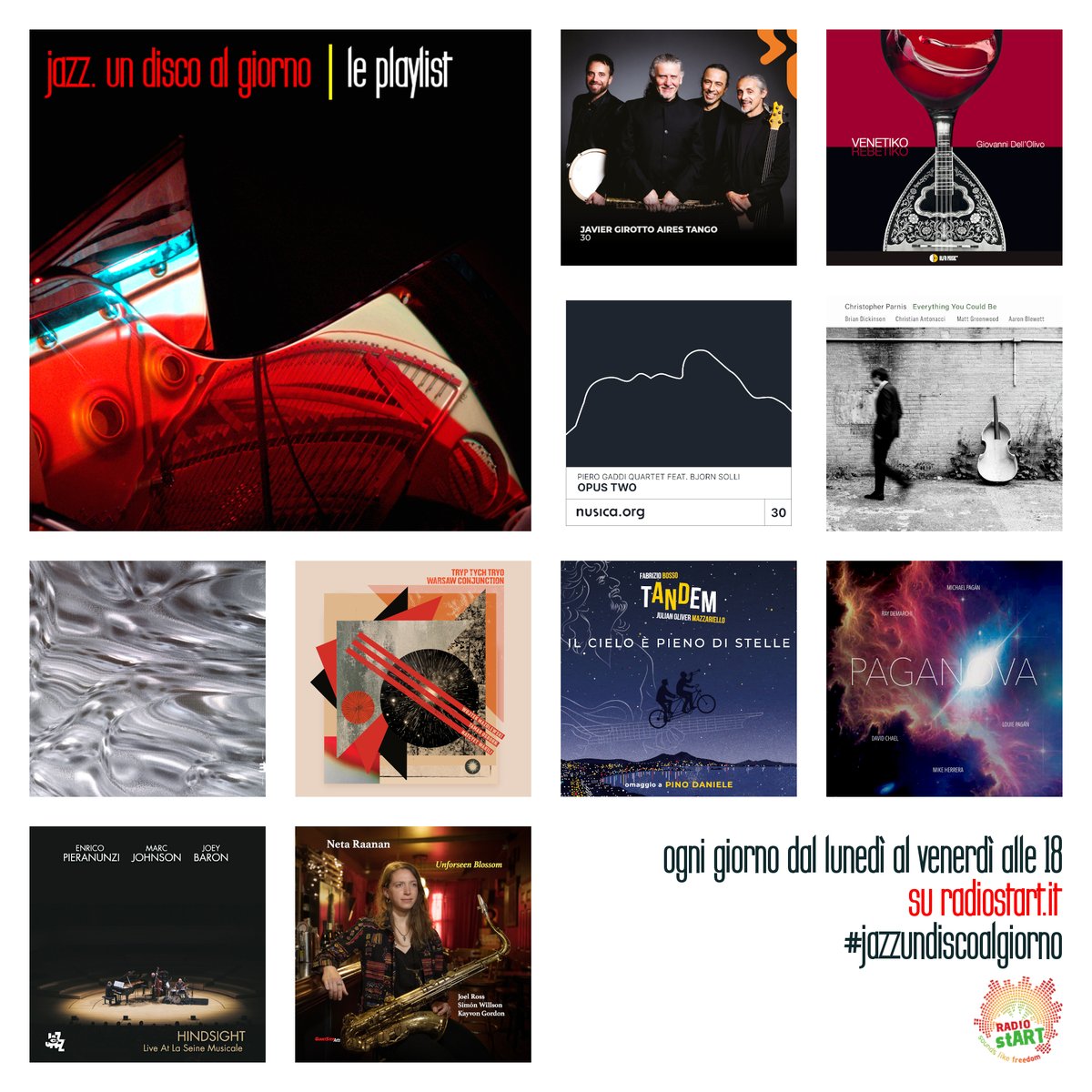 This week, "Jazz. Un disco al giorno" will host five new playlist focused on new jazz releases
From monday to friday at 6pm at radiostart.it

#jazzundiscoalgiorno #Jazz #Music #Radio #Agosto #August #Podcast #OnAir #CD #playlist