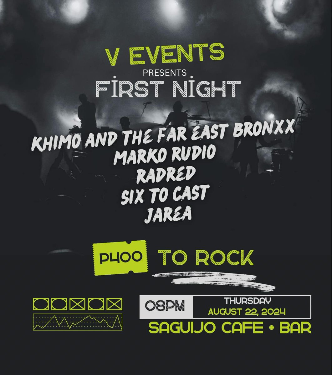 SaGuijo Bar + Cafe (@saguijoofficial) on Twitter photo Aug22 (Thurs) - V Events: First Night w/
<a href="/SpellJarea_/">Jarea Orozco Ifurung</a>, <a href="/Khimo_Gumatay/">KHIMO</a> & The Far East Bronxx, <a href="/MarkoRudio0517/">Marko Rudio</a>, RadRed and Six to Cast. 8PM. P400 Entrance Aug22 (Thurs) - V Events: First Night w/
<a href="/SpellJarea_/">Jarea Orozco Ifurung</a>, <a href="/Khimo_Gumatay/">KHIMO</a> & The Far East Bronxx, <a href="/MarkoRudio0517/">Marko Rudio</a>, RadRed and Six to Cast. 8PM. P400 Entrance