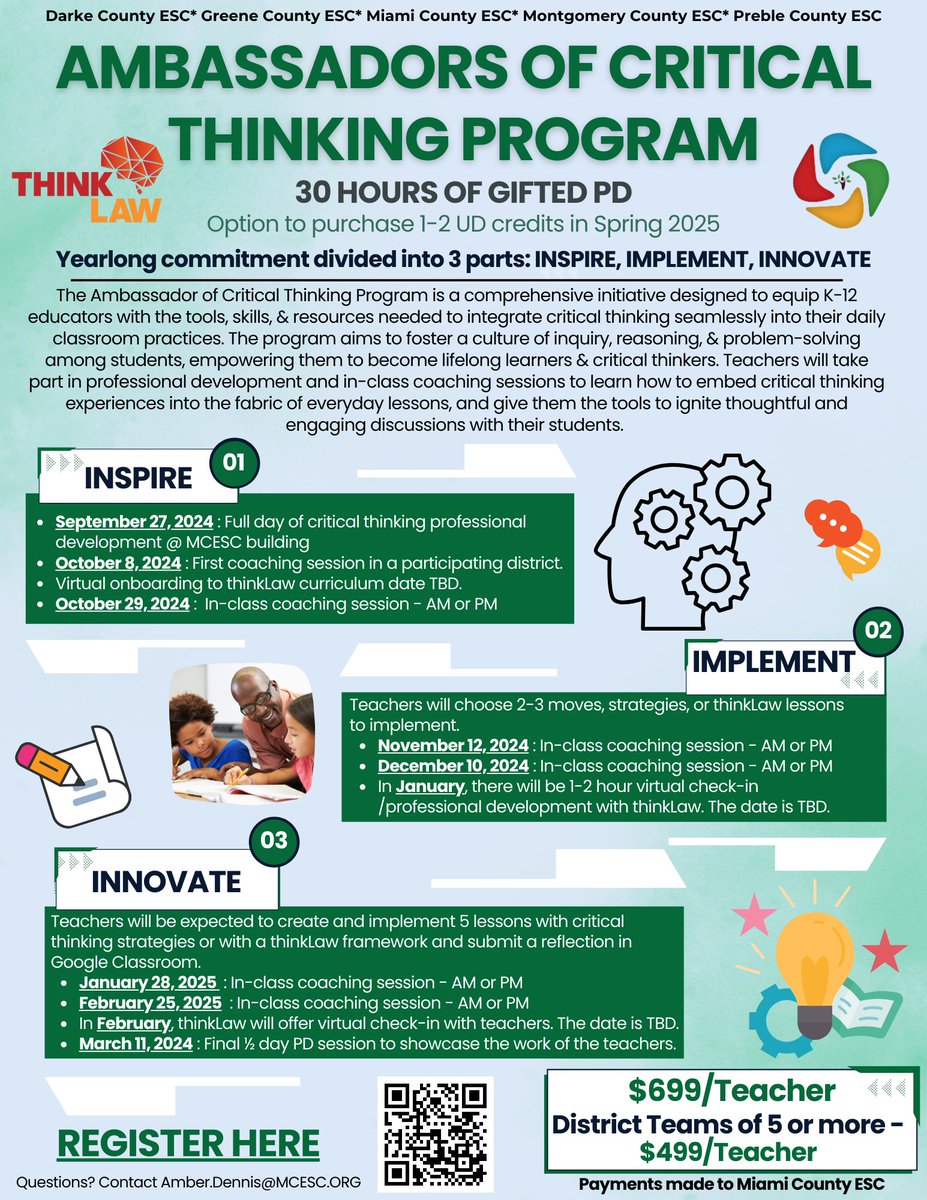 WOSC_PD's tweet photo. Register today to join our Ambassadors of Critical Thinking Program in collaboration with @thinkLawUS 
You'll have a chance to earn 30 Gifted PD hours and the option to purchase 1-2 UD credit hours in Spring 2025.
See our flyer below or register here: https://t.co/zWT5AfdoeR https://t.co/Pz7to4PUfk