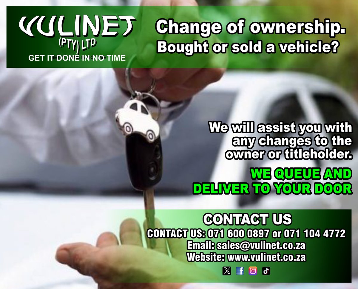 VULINET (Pty) Ltd- Got a second hand car? Change of ownership. We will assist you with any changes to the owner or titleholder. We queue and deliver to your door.
Call NOW or Whatsapp! 0716000897/ 0711044772 
vulinet.co.za

#Vulinet #carregistration #licenserenewal