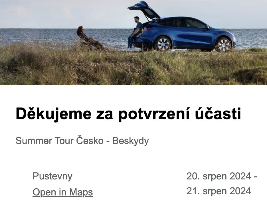 Nevěděl by prosím třeba <a href="/OndrejBacina/">Ondrej Bacina ⚡️🔋🚗 🤖🇨🇿🇺🇦</a>, jak probíhají #SummerTour <a href="/Tesla/">Tesla</a>? Mám potvrzenou účast, ale žádné další info... co, kdy kde?