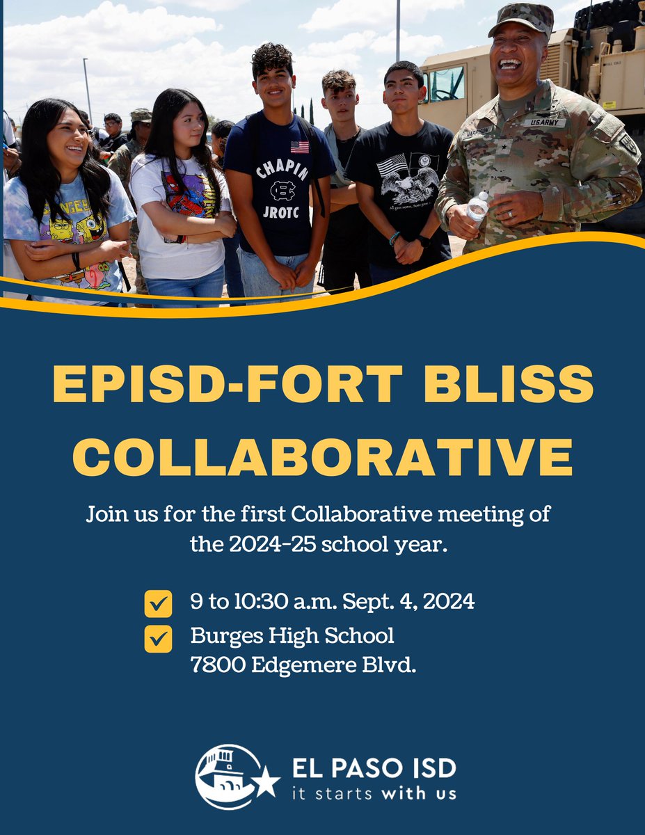 El Paso ISD Family Engagement (@episd_familyeng) on Twitter photo The first EPISD Fort Bliss Collaborative of 2024-25 is coming up on Sept. 4 at Burges. The community meeting allows military families to connect with Fort Bliss and <a href="/ELPASO_ISD/">El Paso ISD</a> leaders to enhance communication and learn about updates from both entities. #ItStartsWithUs The first EPISD Fort Bliss Collaborative of 2024-25 is coming up on Sept. 4 at Burges. The community meeting allows military families to connect with Fort Bliss and <a href="/ELPASO_ISD/">El Paso ISD</a> leaders to enhance communication and learn about updates from both entities. #ItStartsWithUs