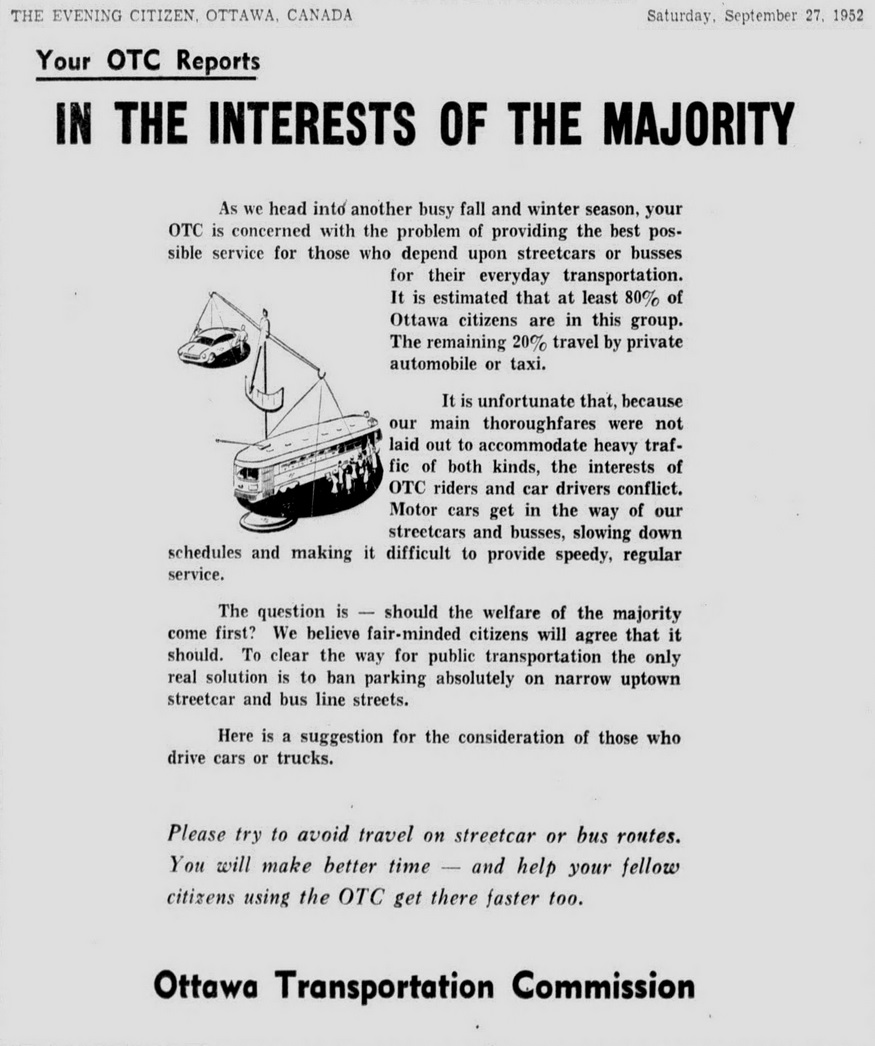 SjamieIt's tweet photo. Ottawa, 1952: "Motor cars get in the way of our streetcars and busses, slowing down schedules and making it difficult to provide speedy, regular service." https://t.co/lonEetdtDs