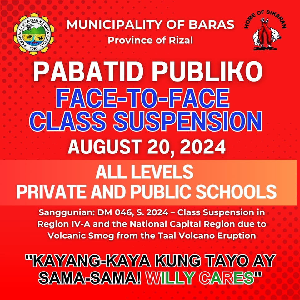 ABSCBNNews's tweet photo. Face-to-face classes at all levels in public and private schools in Baras, Rizal are suspended on Tuesday, August 20, due to volcanic smog from Taal Volcano. #WalangPasok | via Municipality of Baras, Rizal/FB https://t.co/qd7516KIwj