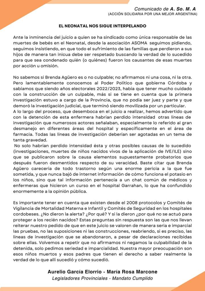 EL NEONATAL NOS SIGUE INTERPELANDO ‼️

Comunicado de A. So. M. A
(ACCIÓN SOLIDARIA POR UNA MEJOR ARGENTINA) 🇦🇷
.
.
.
#Neonatal #Cordoba #Bebes #Salud #Justicia #Comunicado #ASOMA