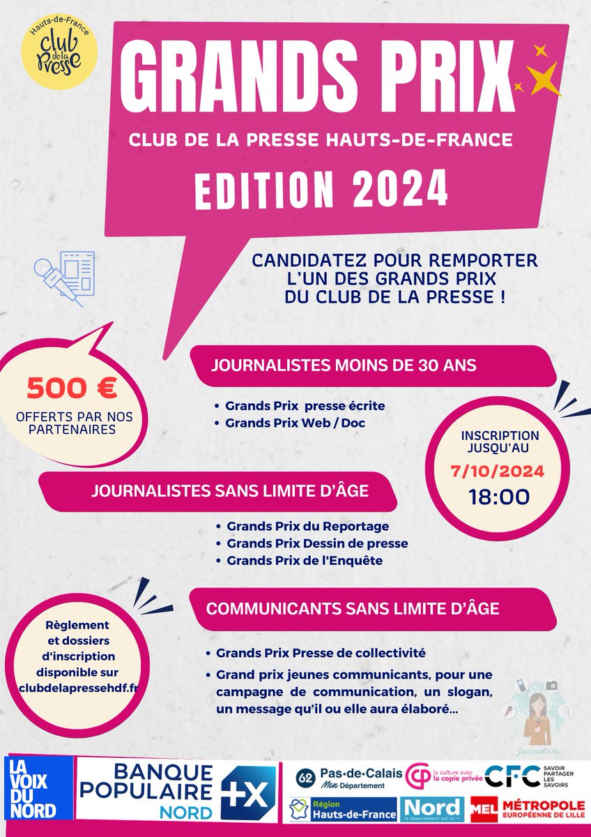 Ne passez pas à côté de la 23ème édition des hashtag #Grandsprix2024 du <a href="/ClubPresseHDF/">Club Presse HDF</a> 

Les journalistes, les rédacteurs de presse de collectivité et les communicants sont invités à soumettre leurs meilleures productions. 

Plus d’informations : clubdelapressehdf.fr/Les-Grands-Pri…