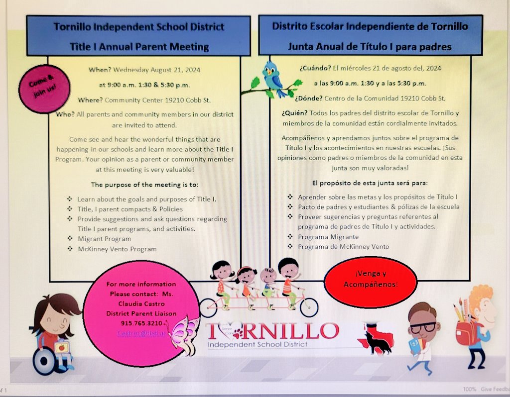 TISDFamilyEnga1's tweet photo. Parents It's time for our Title I meeting.  We will be hosting three meetings for your convenience.  Padres de familia, tendremos la junta anual de Titulo I, disponible en tres horarios para su comodidad.  #TISDProud #TISDtheplacetobe https://t.co/czADOm7sJn