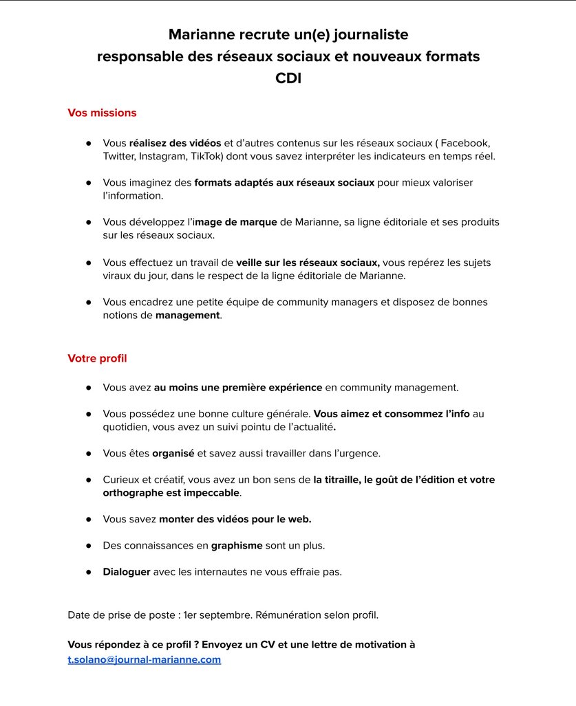 thibaudlefloch's tweet image. 🚨CDI (à partir du 1er septembre)🚨
@MarianneleMag recherche un.e journaliste responsable des réseaux sociaux et des nouveaux formats (notamment vidéo).
+ d'info👇