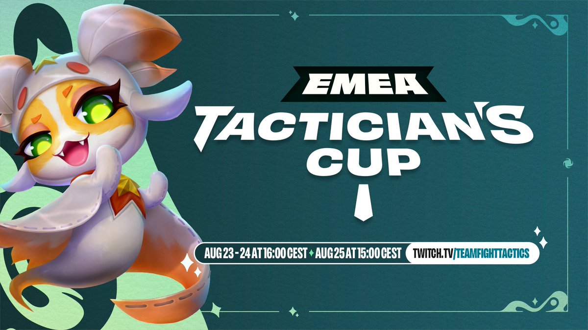🏆 The Tactician's Cup I is here 🏆

Let's join the mayhem on the first EMEA tournament of the set!

📅 August 23-25
🔗 More info: riot.com/4cCxvAK

#TFTesportsEMEA #GoEMEA