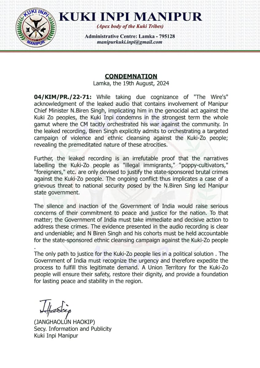 ThangmoiH63284's tweet photo. Kuki INPI Apex kuki body condemns leaked audio that contains involvement of CM N biren singh genocidal act. @the_hindu @thewire_in @PTI_News @timesofindia @Yale https://t.co/vywTBLNgke