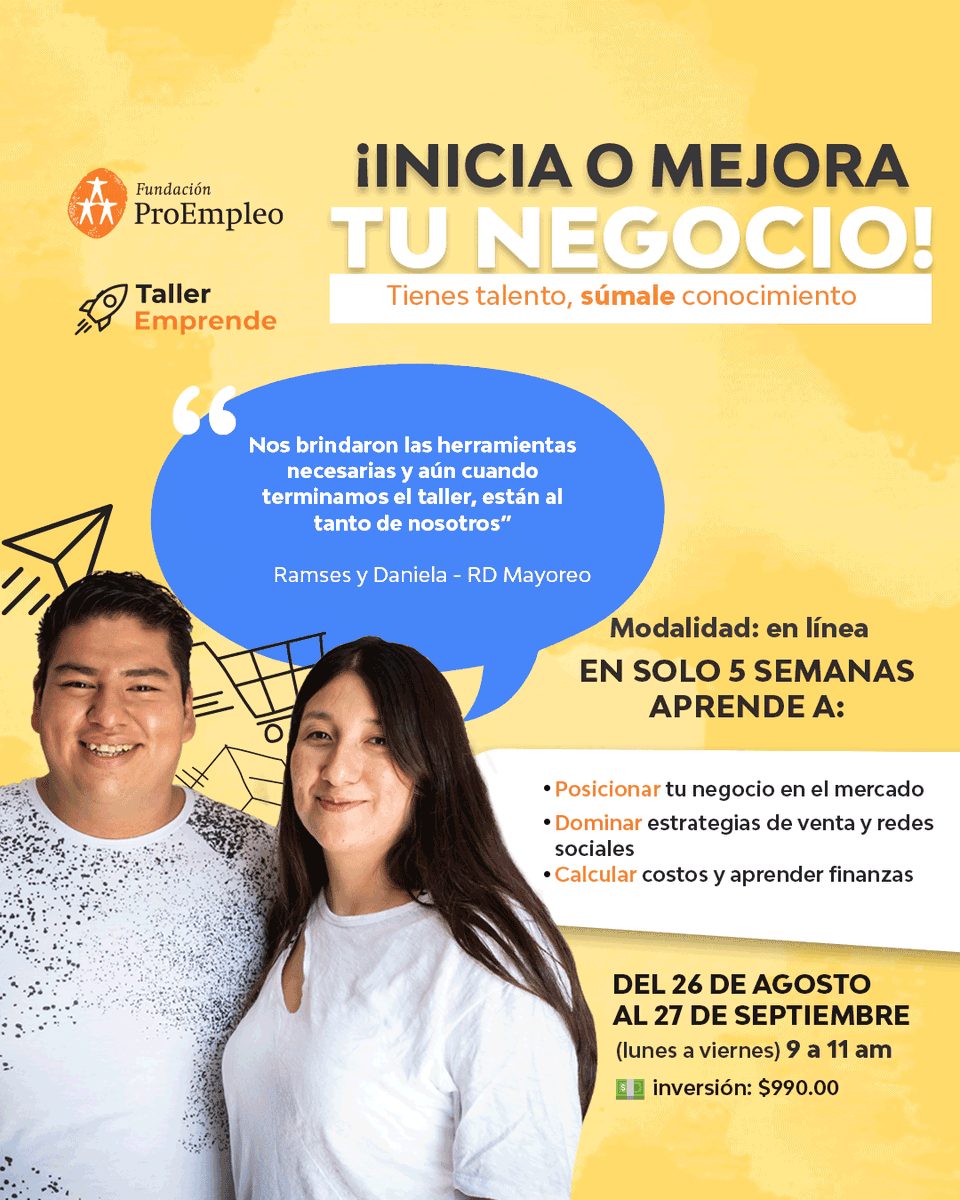 Impulsa tu negocio con la capacitación que necesitas para alcanzar nuevos objetivos en el Taller Emprende! 🚀💼
Inscríbete ahora en: talleremprende.proempleo.org.mx
por solo $990 MXN y asegura tu lugar antes de que se agoten los lugares.
😀❤

#Capacitacionempresarial #ProEmpleo