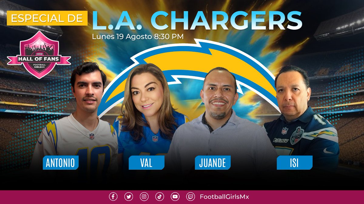 nflgirlsmx's tweet photo. #NFLovers! Esta noche habrá tormenta eléctrica ⚡ en el #HallOfFans porque @ValPlata, junto a @Juande_C, @Anfor25, e Isi de @ChargersMX, nos cuentan cómo Jim Harbaugh prepara a #BoltUp para la temporada 2024 de la #NFL. 

⏰ 8:30 PM 
📲 https://t.co/tX2xTtHC4L
#FootballGirlsMx https://t.co/I2w0UC9Qd6