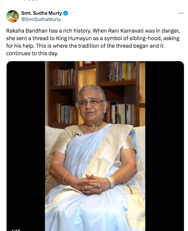 SachdevaAmita's tweet image. PLEASE TAKE DOWN THE POST IMMEDIATELY AND ISSUE A PUBLIC APOLOGY

@SmtSudhaMurty Madam,

It is deeply concerning to see you spreading misinformation regarding the Hindu festival of Raksha Bandhan. There is no credible historical evidence to support the narrative of Rani Karnavati…