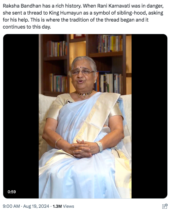 SachdevaAmita's tweet image. PLEASE TAKE DOWN THE POST IMMEDIATELY AND ISSUE A PUBLIC APOLOGY

@SmtSudhaMurty Madam,

It is deeply concerning to see you spreading misinformation regarding the Hindu festival of Raksha Bandhan. There is no credible historical evidence to support the narrative of Rani Karnavati…