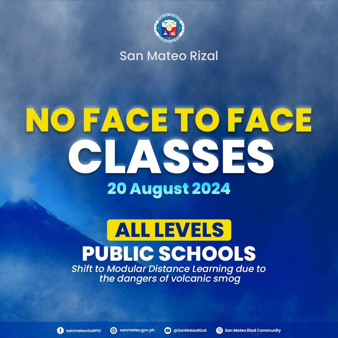 ABSCBNNews's tweet photo. Face-to-face classes at all levels in public schools in San Mateo, Rizal are suspended on Tuesday, August 20 due to the volcanic smog from Taal Volcano. #WalangPasok | via San Mateo Rizal Public Information Office/FB https://t.co/ip5X8ehs0h