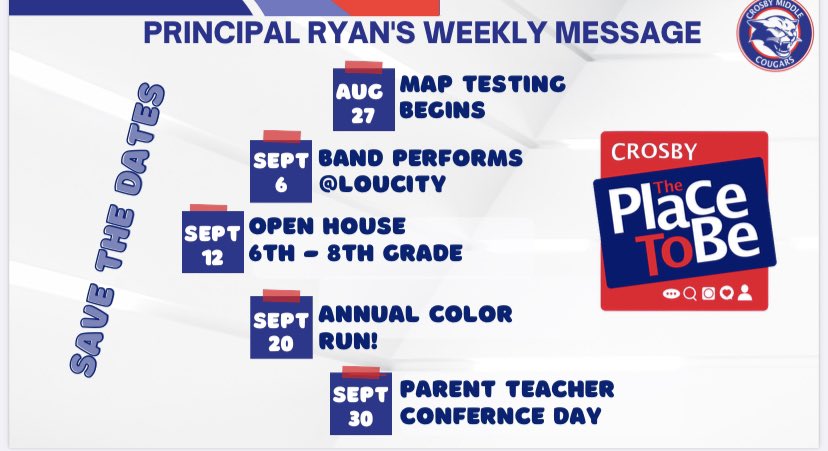 Clay Ryan (@clryan25) on Twitter photo Attn: <a href="/CrosbyMiddle/">Crosby Middle School</a> parents and guardians! Check out the dates below as well as your inbox for this weekâs messages and updates! Attn: <a href="/CrosbyMiddle/">Crosby Middle School</a> parents and guardians! Check out the dates below as well as your inbox for this weekâs messages and updates!
