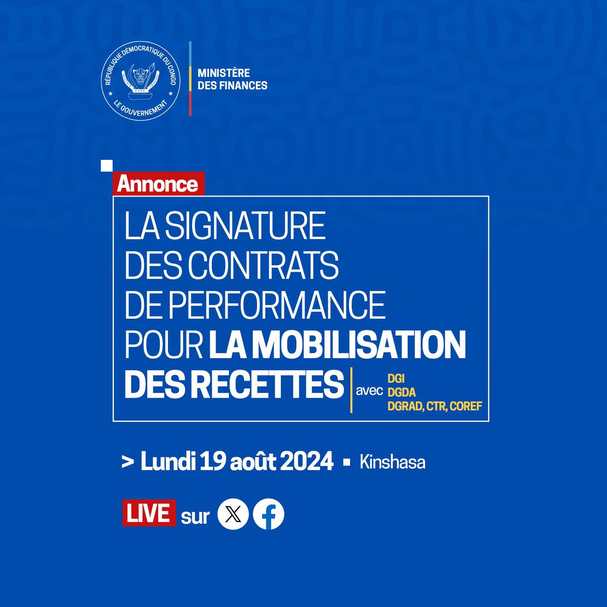 AlainMake20's tweet image. #ContratsDePerfomance | 19.08.2024 
La cérémonie de signature des contrats de performance avec les régies financières sera diffusée en direct sur nos pages X (anciennement Twitter) et Facebook. 

[ #CellCom ]