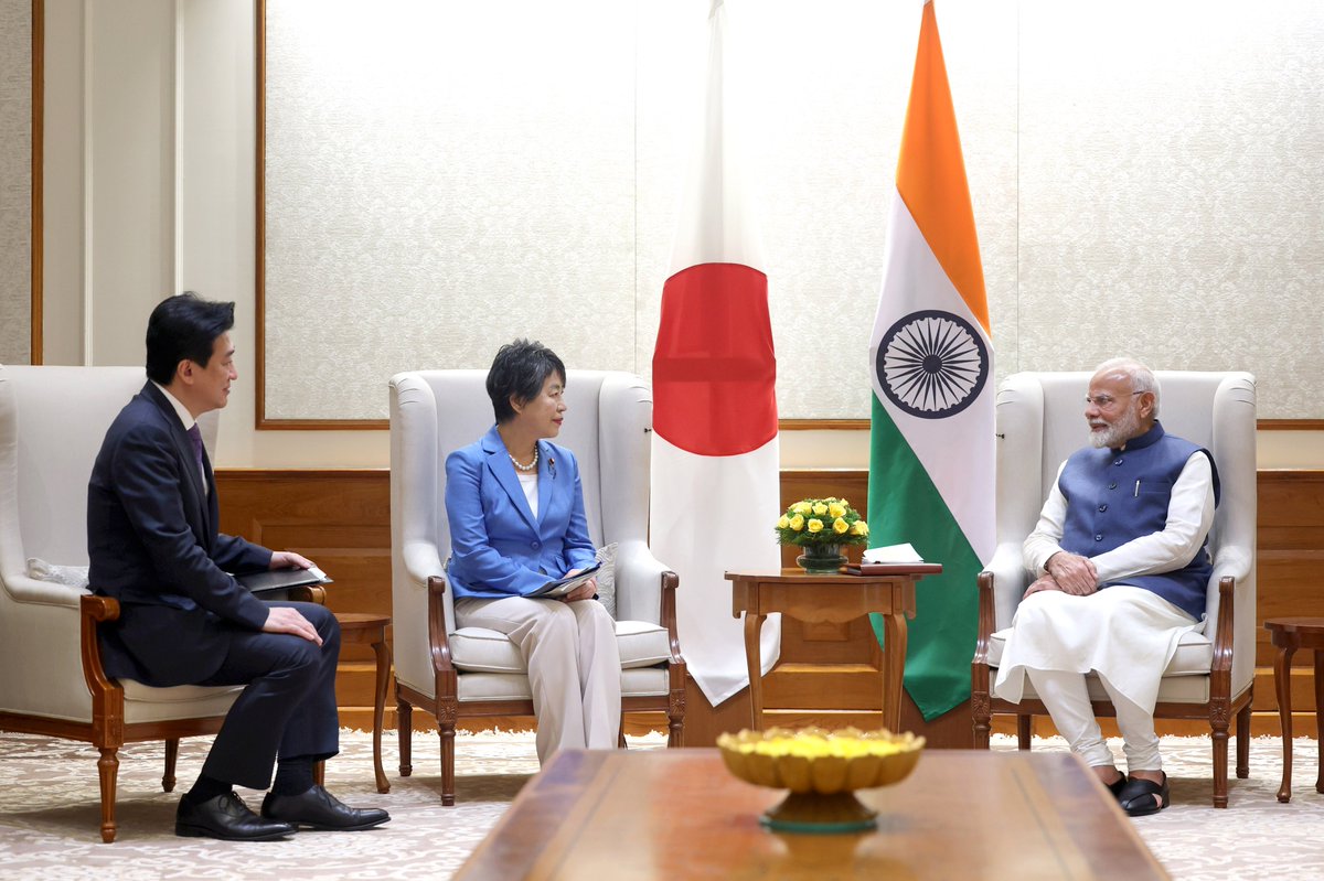 narendramodi's tweet photo. Delighted to meet Japanese Foreign Minister @Kamikawa_Yoko and Defense Minister @kihara_minoru ahead of the 3rd India-Japan 2+2 Foreign and Defense Ministerial Meeting. Took stock of the progress made in India-Japan defense and security ties. Reaffirmed the role India-Japan partnership plays in promoting peace, stability, and prosperity in the Indo-Pacific and beyond.