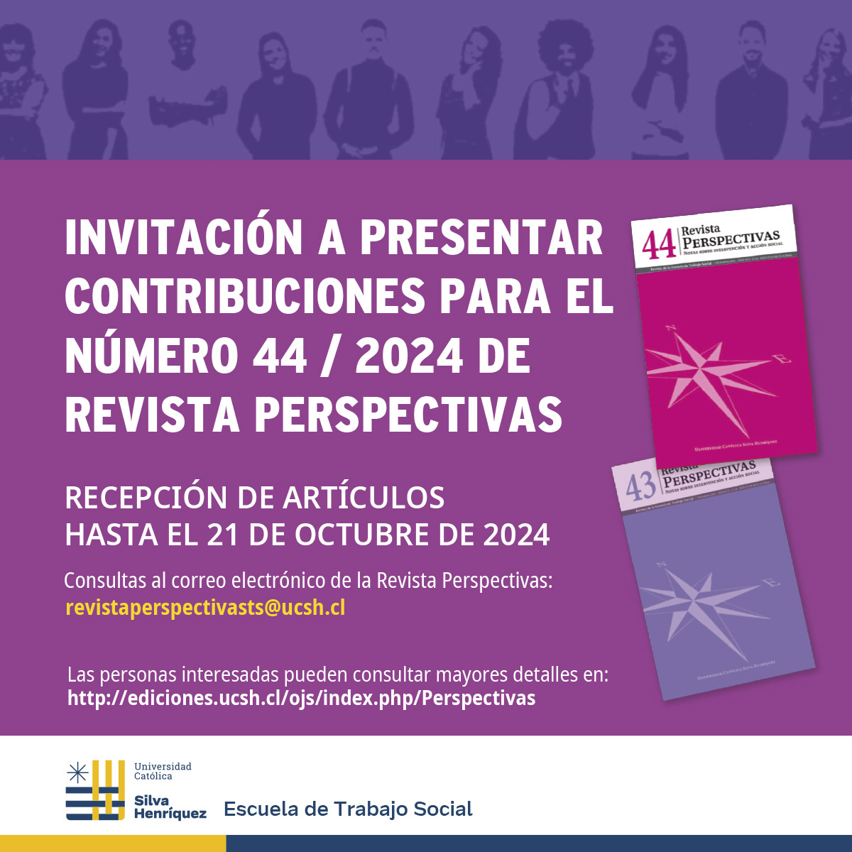 🔵 Convocatoria | Se reciben contribuciones para el nº 44 de la Revista Perspectivas <a href="/UCSH_oficial/">UCSH</a>:
✅ Experiencias de intervención social
✅ Resultados de investigaciones
✅ Análisis relativos al Trabajo Social
📌 Plazo hasta el 21 de octubre
Más info 🔗 i.mtr.cool/ghaxisuadh