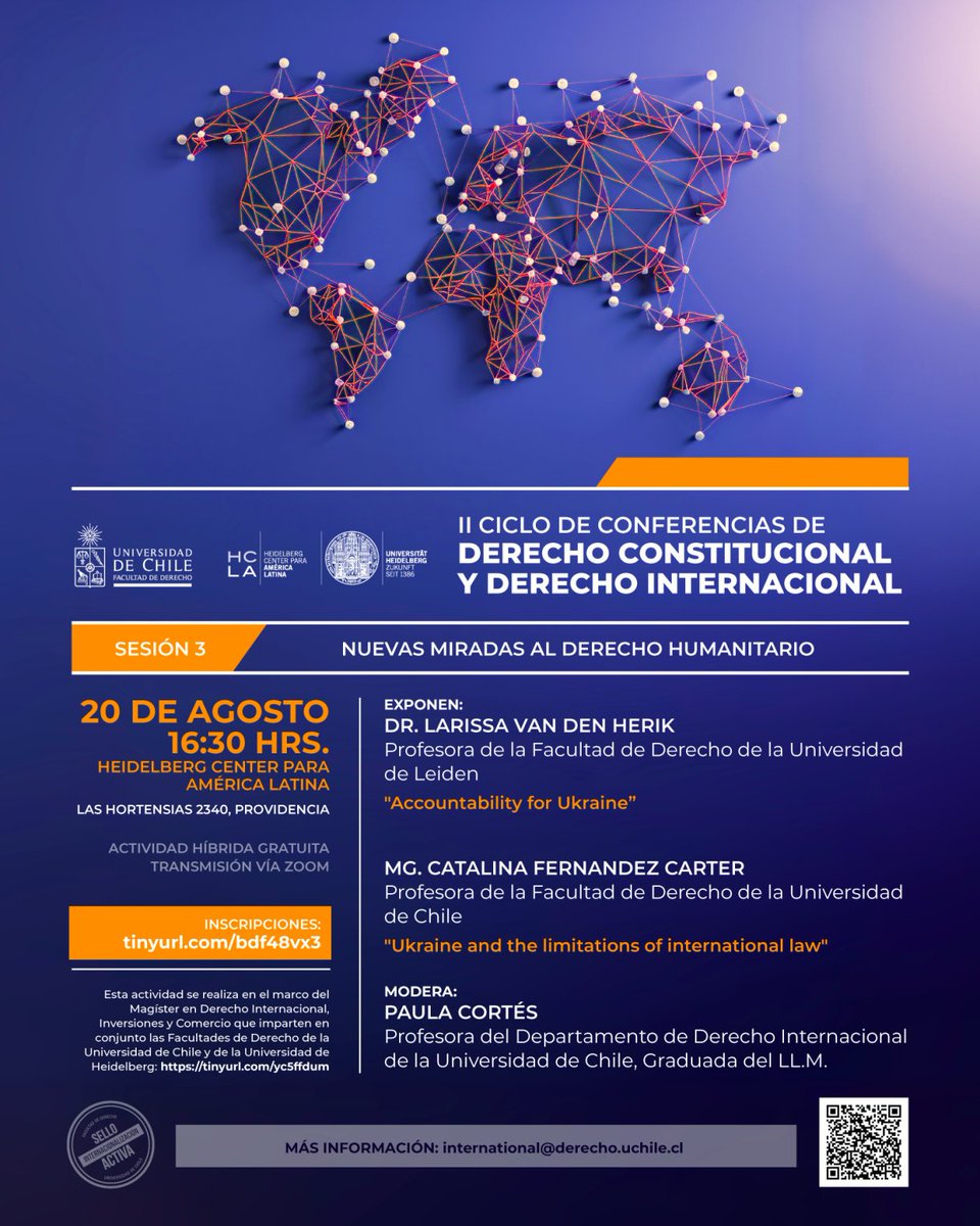 Mañana tendré el honor de estar junto con la profesora @LvdHerik de <a href="/UniLeiden/">Universiteit Leiden</a> en esta conferencia organizada por <a href="/derechouchile/">Facultad de Derecho</a> y <a href="/HCLAHeidelberg/">Heidelberg Center</a> sobre Ucrania. 

La actividad será híbrida, para quienes no puedan asistir en persona: hcla.uni-heidelberg.de/es/newsroom/te…