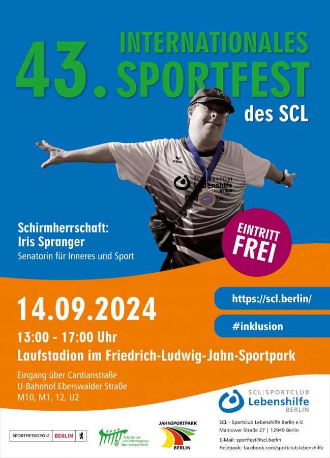 SportClubLebenshilfe (@sclberlin) on Twitter photo Einladung in den <a href="/InkluSportpark/">InklusionsSportpark Berlin 🇺🇦</a> (Berlin-Prenzl'berg) zum bunten Spiel-&Spaß-Sportfest mit 60m-Lauf, Mini-Hürdenlauf, Korbwurf, Fußball-Dart... für >1.000 Sportler:innen aus Berlin & 🇩🇪🇨🇿🇫🇷🇮🇹🇵🇱.
➡️Anmeldung noch bis 1.9.24 an sportfest@scl.berlin oder scl.berlin/sportfest-2024…. Einladung in den <a href="/InkluSportpark/">InklusionsSportpark Berlin 🇺🇦</a> (Berlin-Prenzl'berg) zum bunten Spiel-&Spaß-Sportfest mit 60m-Lauf, Mini-Hürdenlauf, Korbwurf, Fußball-Dart... für >1.000 Sportler:innen aus Berlin & 🇩🇪🇨🇿🇫🇷🇮🇹🇵🇱.
➡️Anmeldung noch bis 1.9.24 an sportfest@scl.berlin oder scl.berlin/sportfest-2024….