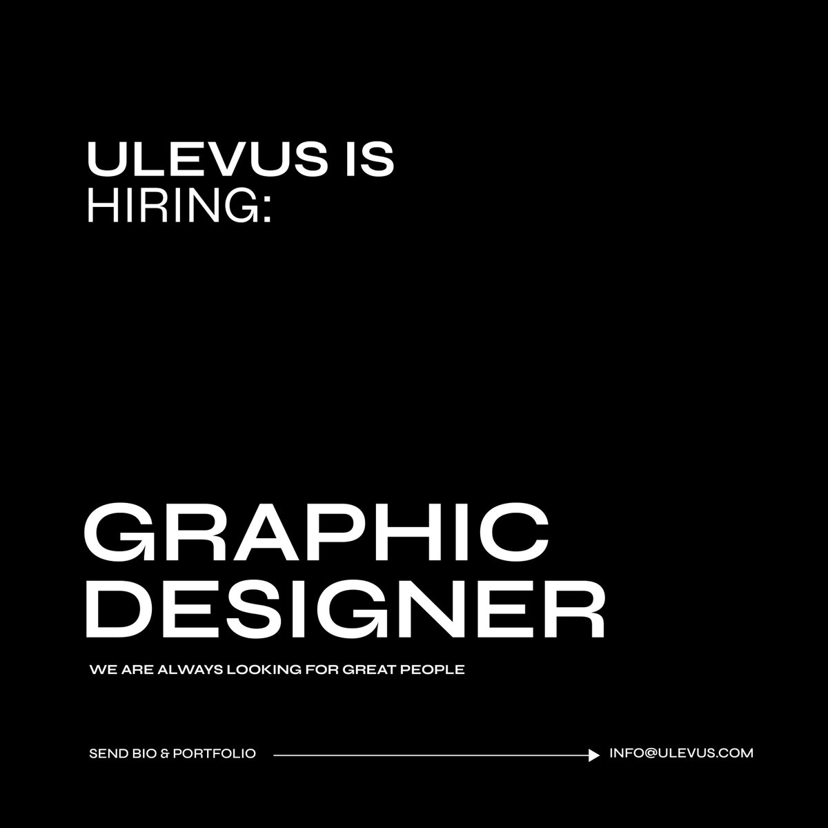 Ulevus is hiring:

Graphic Designer

To design fresh and ownable visual identities and atmospheres for different audiences and emotions.

Experience and craft skills are required.
Send your Bio and Portfolio to info@ulevus.com

ulevus.com
