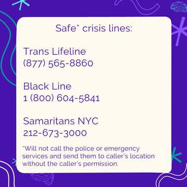 If you include 988 on your syllabus, maybe rethink this. Include a warning about the risk of using 988 and having the police show up without the caller's consent.  

Alternatives include:  <a href="/TransLifeline/">Trans Lifeline</a> , <a href="/CallBlackLine/">CallBlackLine®</a>, and <a href="/SamaritansNYC/">Samaritans</a> .

theadhdacademic.weebly.com/other-bits/9-8…