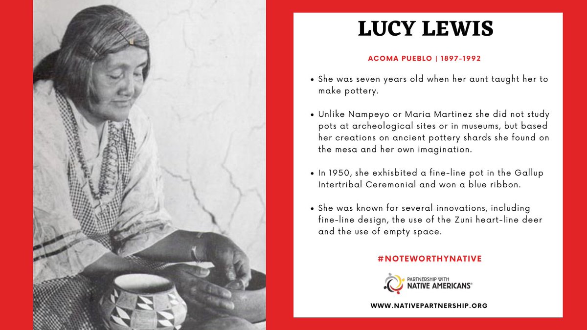 PWNA4hope's tweet image. Born and raised in the Acoma Pueblo, New Mexico... This week's #NoteworthyNative is Lucy Lewis. ❤️

Read more about one of the best Native pottery artists in history at:

NativePartnership.org/Noteworthy-Nat…