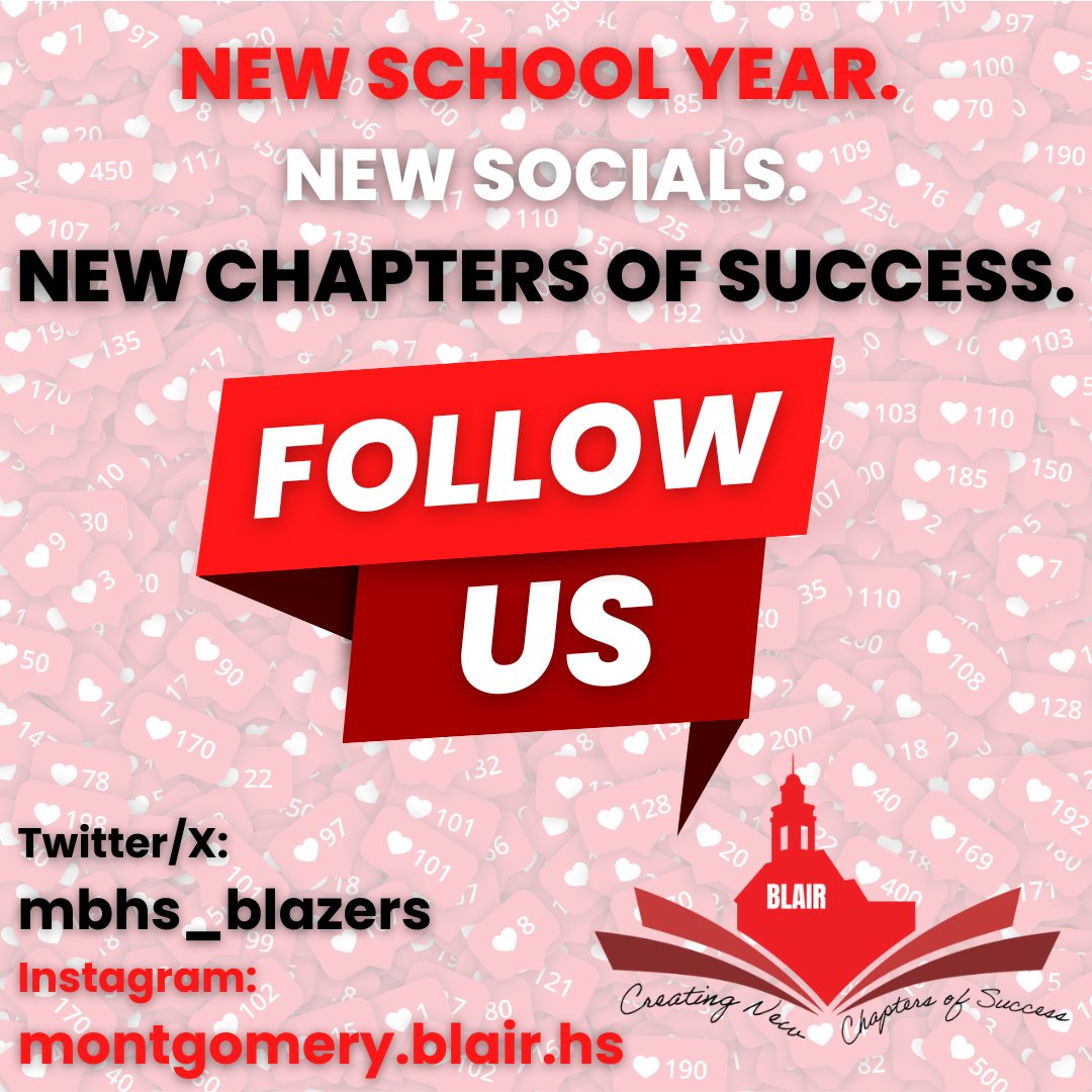mbhs_blazers's tweet photo. New school year.
New socials.
New chapters of success.

We are the proud Blazers of Montgomery Blair High School.  Follow us, like, and share. https://t.co/VVcjlq0Yt0