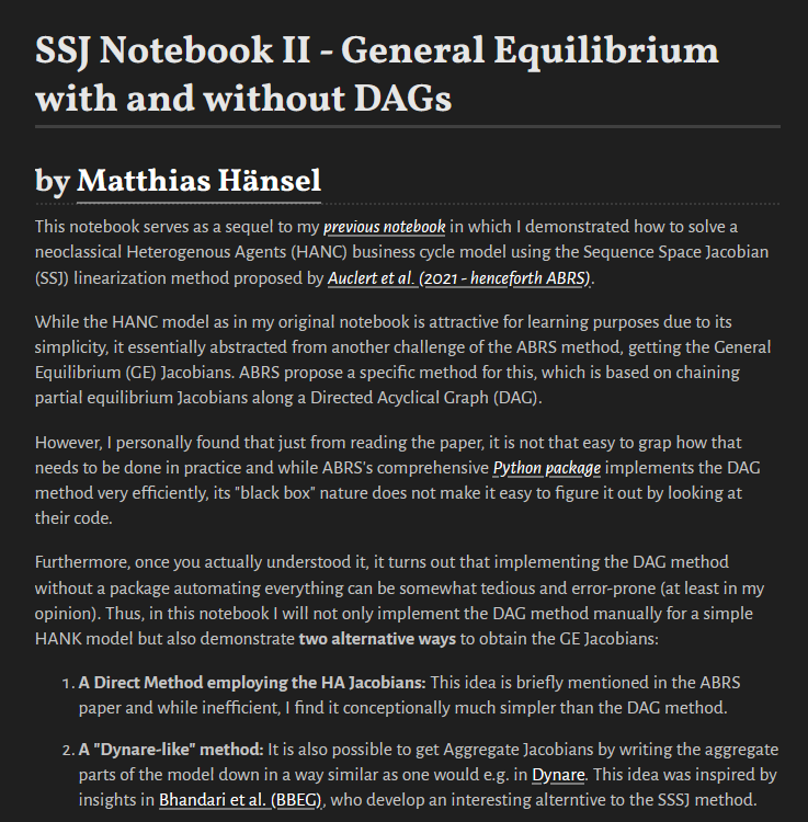 MHaensel1's tweet photo. As many people seemed to have appreciated my previous SSJ notebook, I wrote a sequel.

You want to use Sequence Space Jacobians to analyze HANK models but don't warm up to representing models using DAGs?  I discuss some alternatives. 

Link: https://t.co/17J8Agjn4o https://t.co/eo4KB6Nl8c