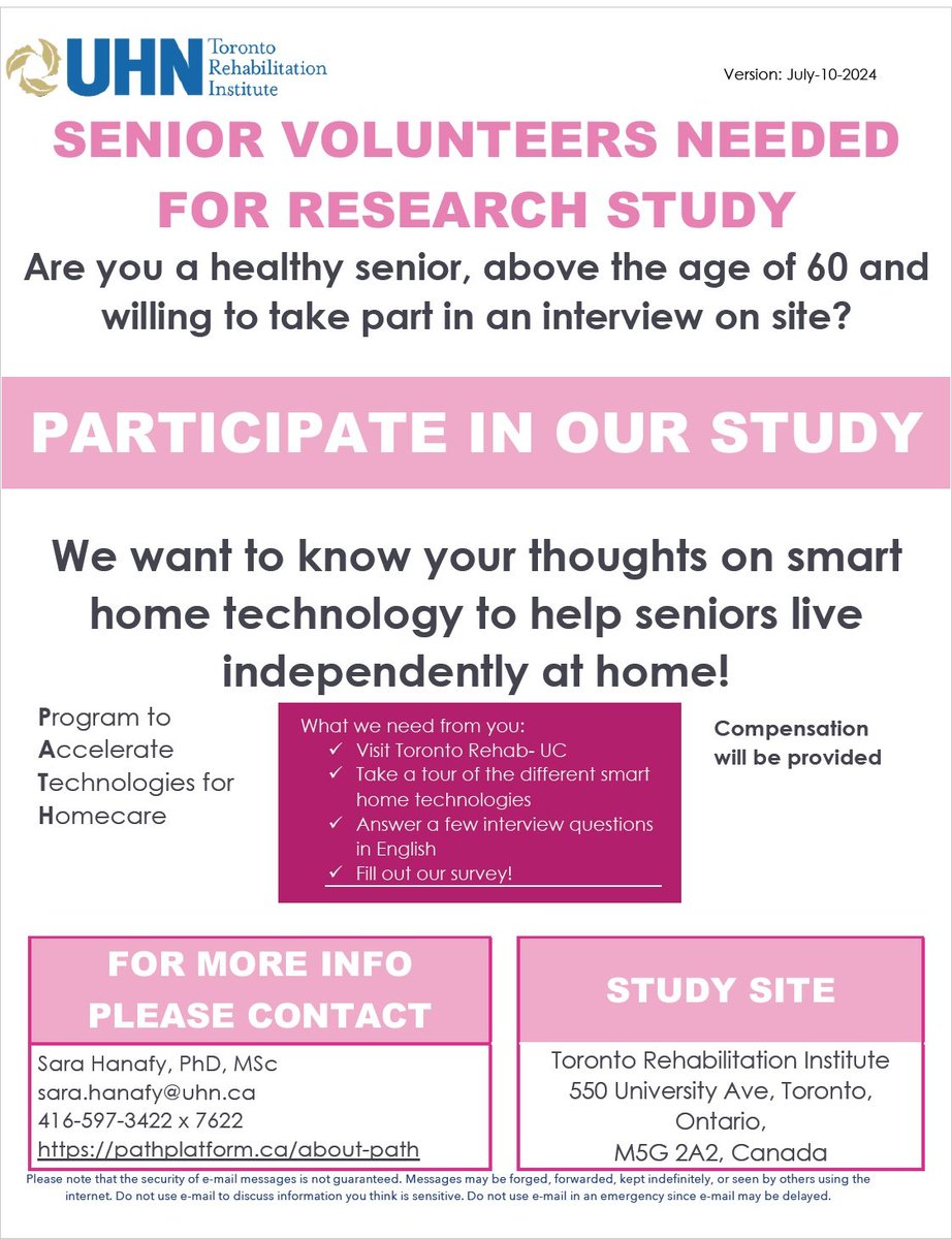 We are seeking seniors to understand their thoughts on smart home technology. 

Please see attached poster for details. 

If you are interested in participating in the study, please do not respond to the media post directly and instead contact study team via phone or email.