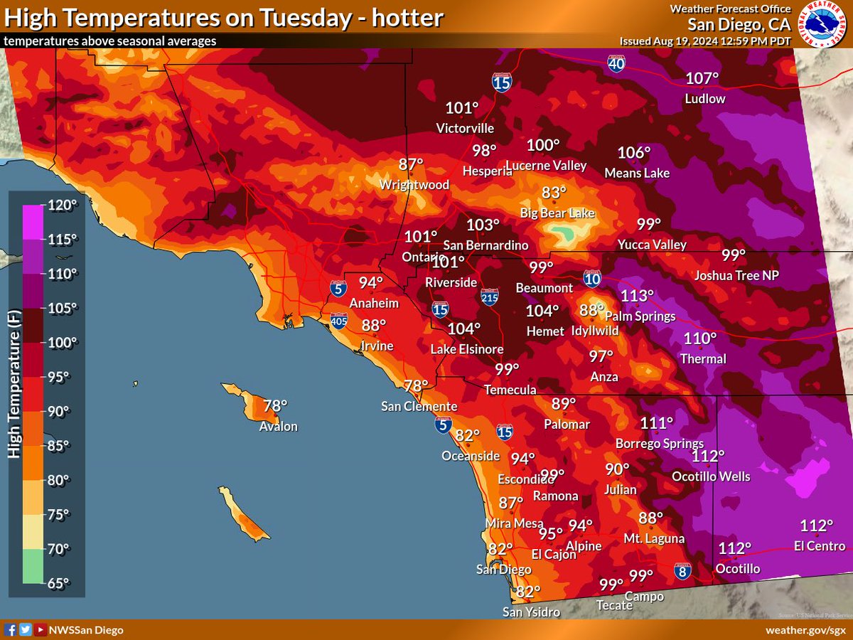 SBCUSD_OEM's tweet photo. Tomorrow will be the hottest day of the week. Wednesday will be a bit humid and then temperatures drop. #SoCalSummer. #ReadySBCUSD https://t.co/gbb7qfboRZ
