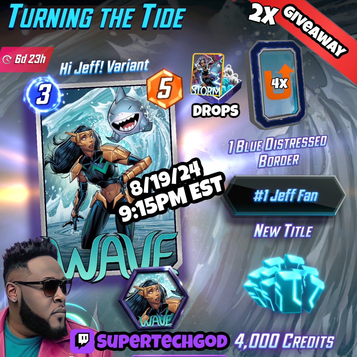 SuperTechGod's tweet photo. #TWITCHDROPS #GIVEAWAY 📢🎁
#JeffWeek #Storm 

✅ Follow
🐣Retweet
🕘 9:15 PM EST in Chat to Win 👇🏾 https://t.co/FEHni5bGtl