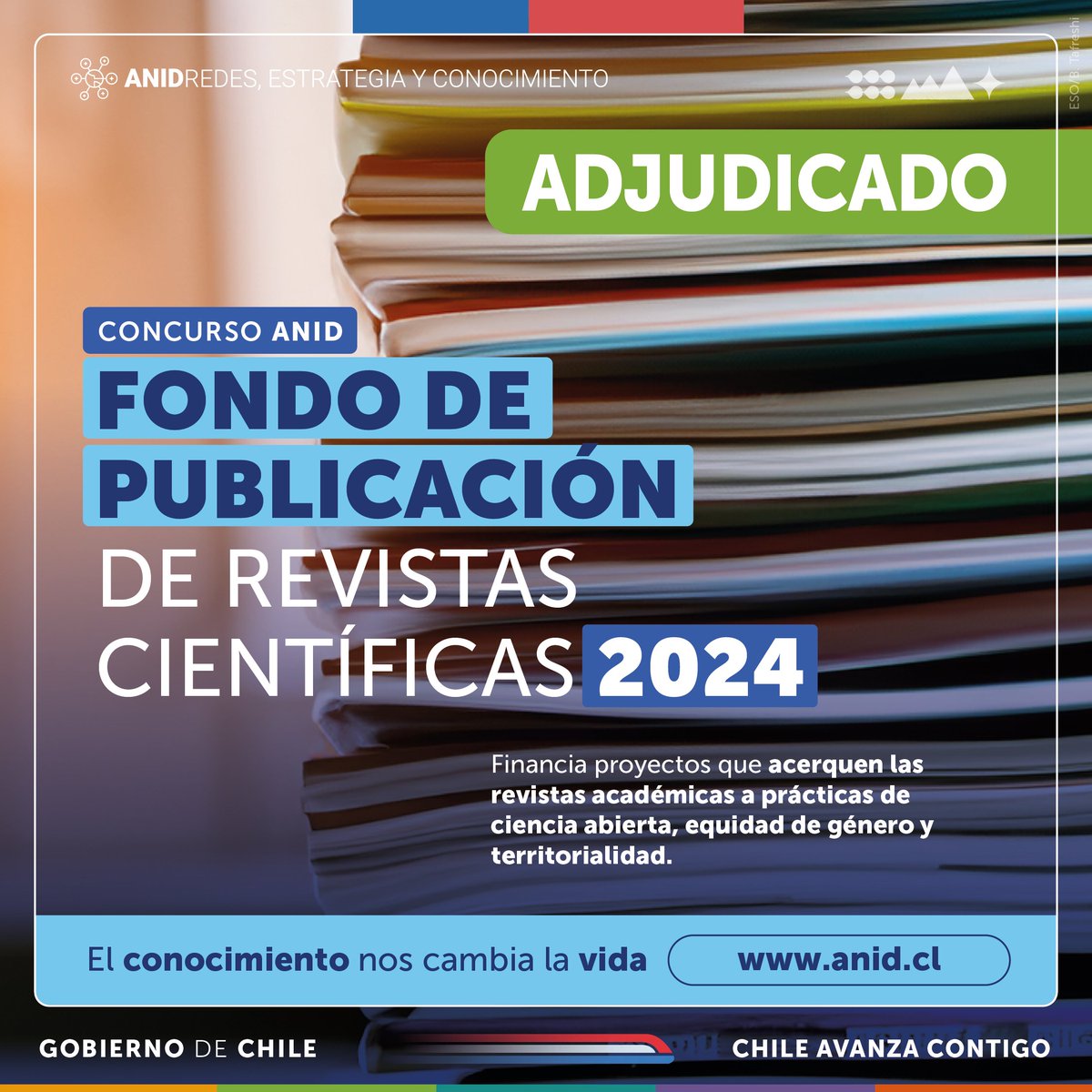 ANID_Chile's tweet photo. Seis proyectos fortalecerán las estrategias y procesos internos de las #RevistasCientíficas, impulsando la ciencia abierta y la equidad. Las propuestas seleccionadas pertenecen a @UC_Temuco, @ubbchile, @ucscconcepcion, @autonomadechile, @uvalpochile y @uandresbello👏 https://t.co/b6ZF8D2Dkc