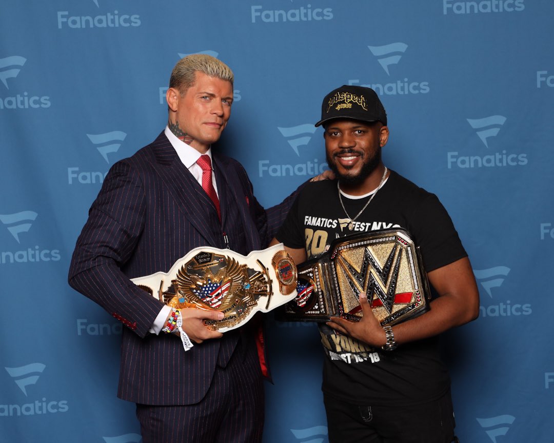 Got to meet <a href="/CodyRhodes/">Cody Rhodes</a>  at <a href="/FanaticsFest/">Fanatics Fest</a>/<a href="/Fanatics/">Fanatics</a> the other day. Got to do a belt swap. 😎🤘🏾#CodyRhodes #FFNYC #TheAmericanNightmare #FanaticsFestNYC #FanaticsFest